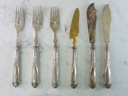Antique Aesthetic Coin Silver Forks & Knives: 3 antique aesthetic coin silver ".800" forks and 3 knives. Each fork measures 8" long and weighs 55.4g, knives measures 8 1/4" long and weighs 58g, vegetable knife measures 8" long and weighs 61.1g, f