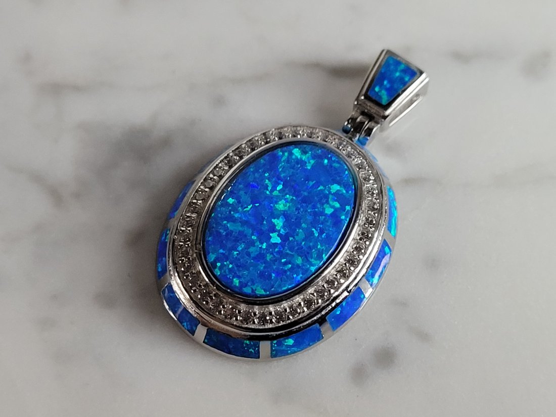 Womens Sterling Silver Modernist Blue Opal Pendant (1 of 3)