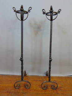 ARTS & CRAFTS WROUGHT IRON ANDIRONS YELLIN ?: A LOVELY PAIR OF ANTIQUE WROUGHT IRON ANDIRONS THAT MEASURES 36 1/2" TALL BY 7 1/2" WIDE BY 14 1/2" LONG. CONDITION IS GOOD FOR THEIR AGE. HAS THE SAME STYLE AS A PAIR OF SAMUEL YELLIN ANDIRONS. DO NO