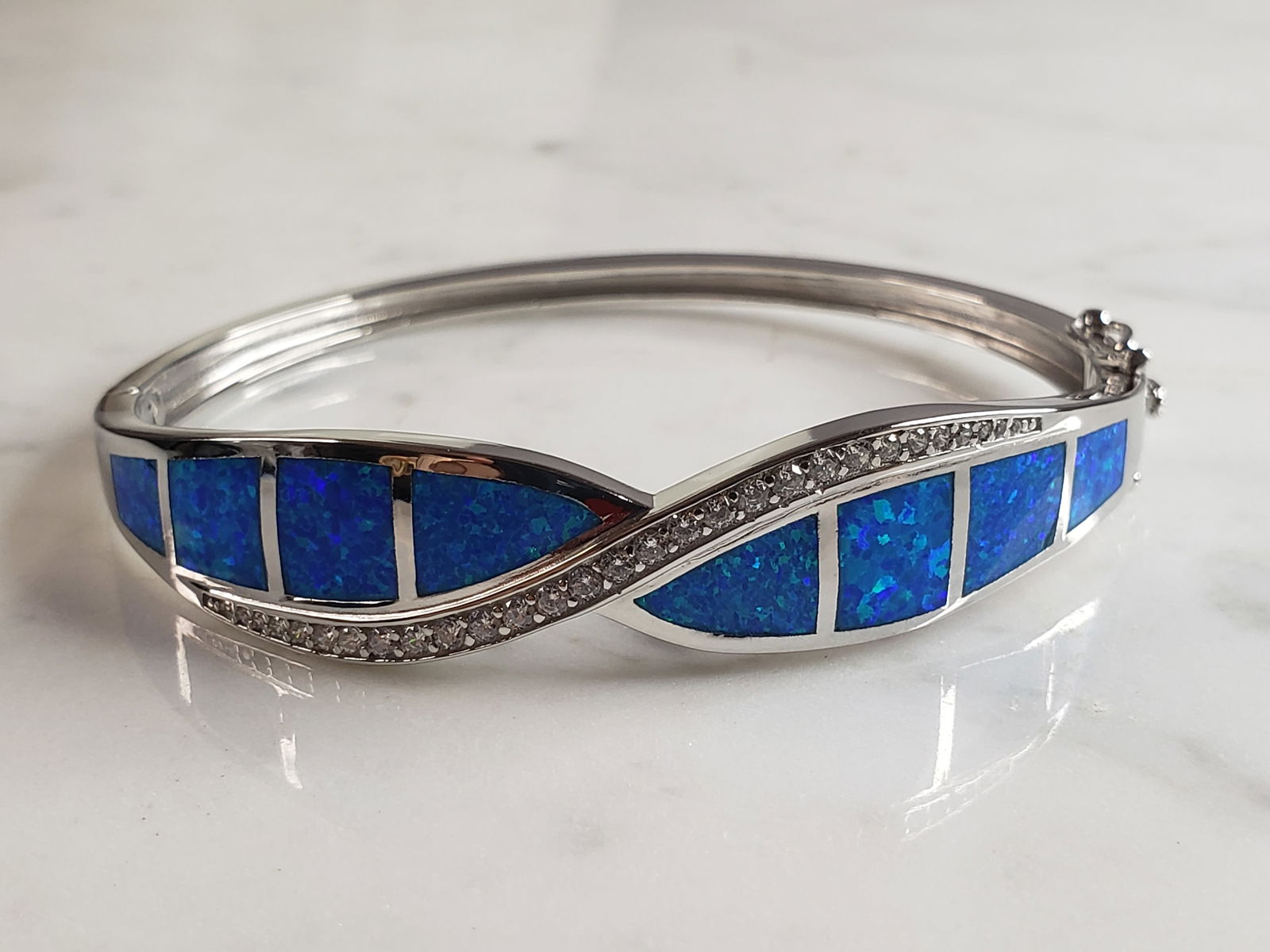 Womens Estate Sterling Silver Modernist Blue Opal Bangle Bracelet (1 of 4)