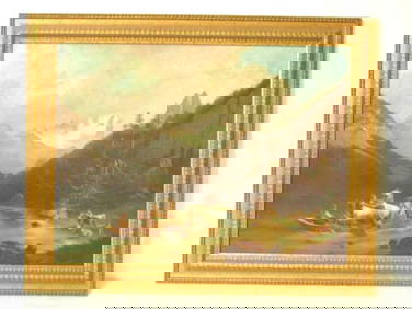 ANTIQUE OIL ON CANVAS RIVER MOUNTAIN SCENE PAINTING (1 of 9)
