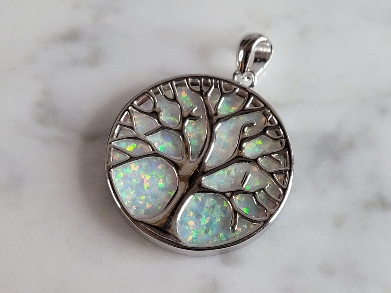 Womens Sterling Silver Opal Tree of Life Pendant (1 of 3)