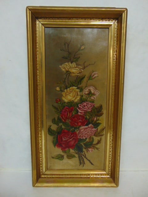 ANTIQUE OIL ON CANVAS ROSE PAINTING W/ FRAME: A BEAUTIFUL ANTIQUE OIL ON CANVAS PAINTING OF A GROUP OF ROSES THAT MEASURES 23 3/4" LONG BY 12" WIDE. CONDITION IS GOOD BUT AS YOU CAN SEE IT DOES HAVE A COUPLE OF REPAIRS THAT YOU PROBABLY WOULD NOT
