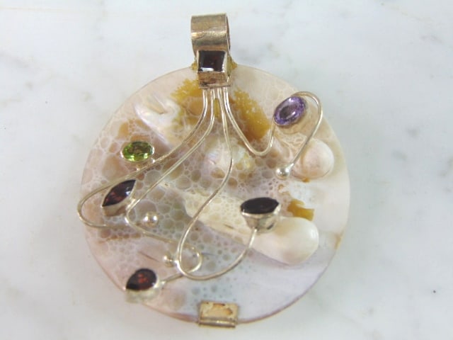 Womens Vintage Sterling Silver Multi Stone MOP Pendant (1 of 3)