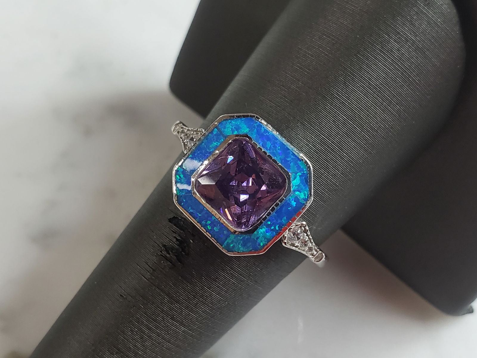 Womens Estate Sterling Silver Modernist Blue Opal & Amethyst Ring (1 of 5)