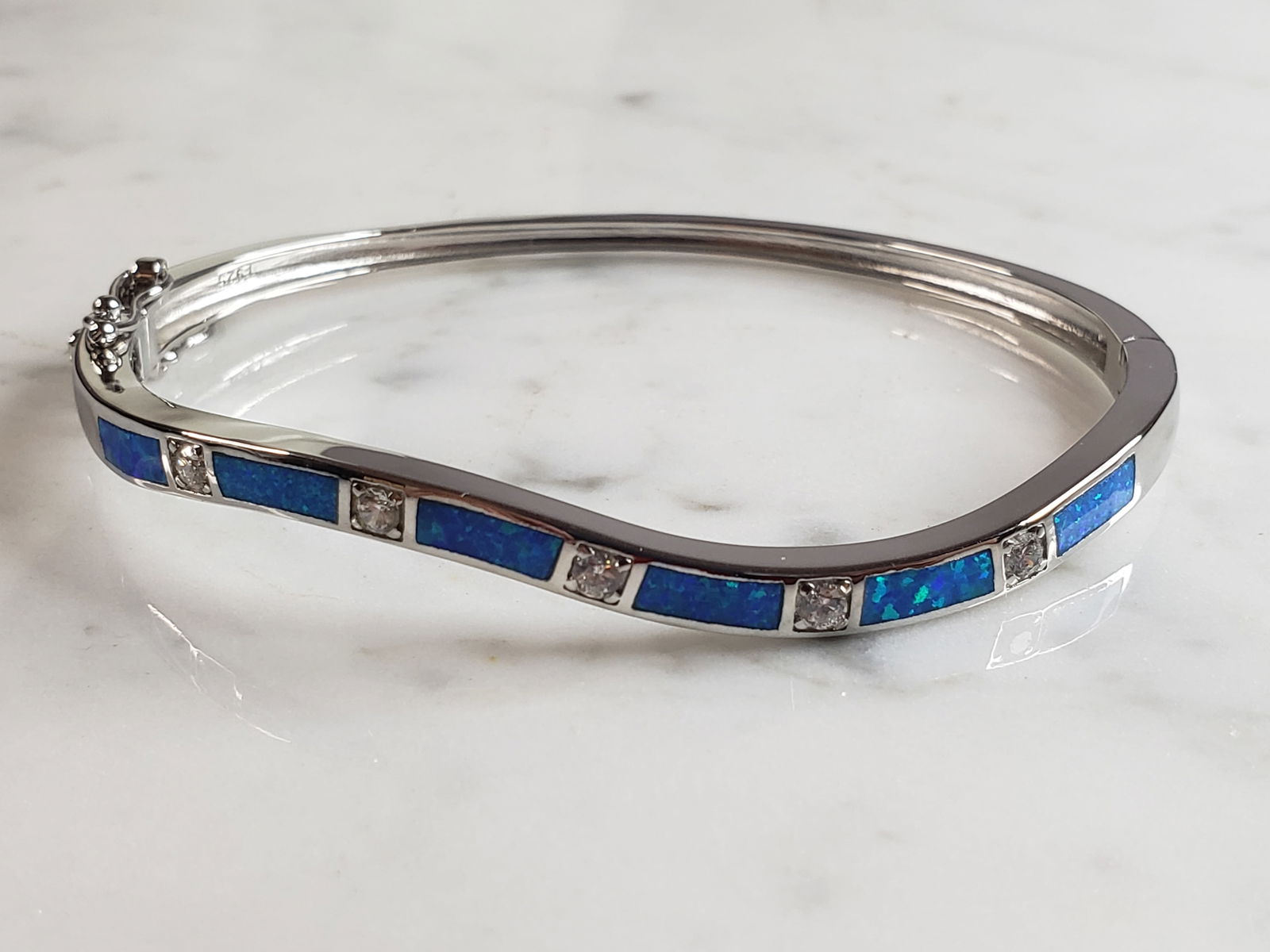 Womens Estate Sterling Silver Modernist Opal Bangle Bracelet (1 of 4)