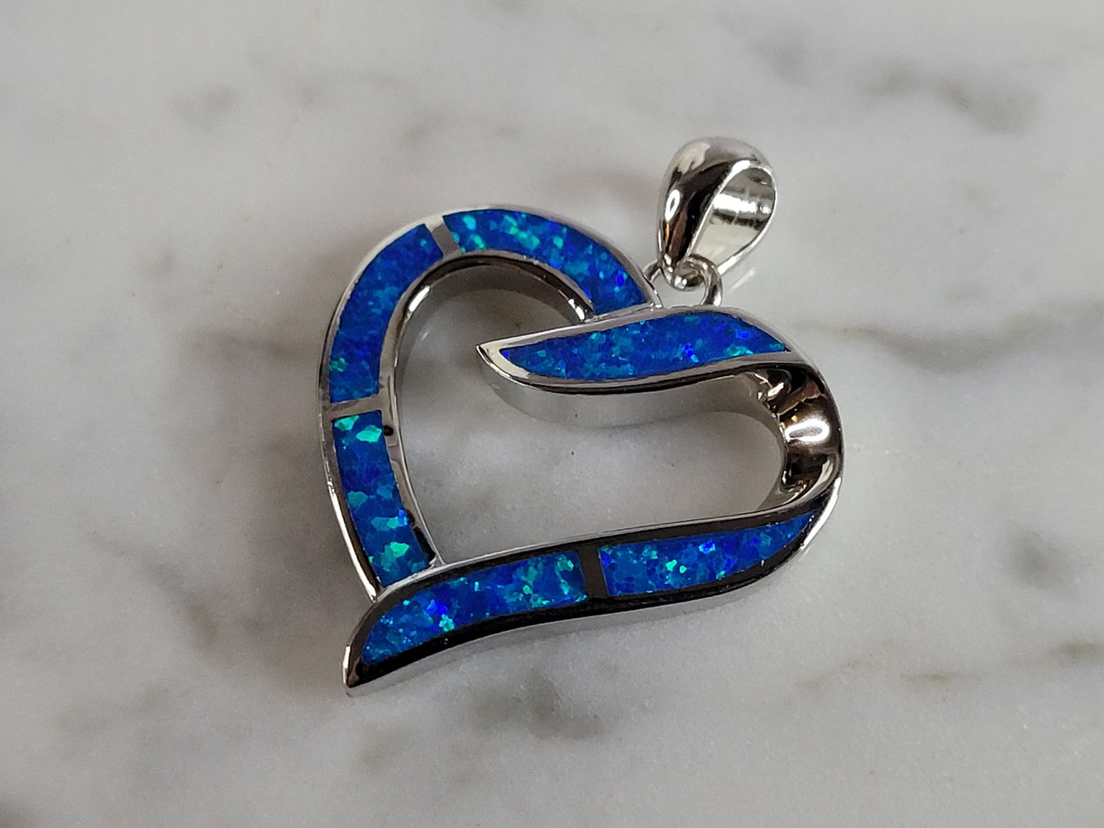 Womens Sterling Silver Blue Opal Heart Pendant (1 of 3)