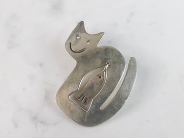 Womens Vintage Estate Anne Harvey Sterling Silver Cat Brooch