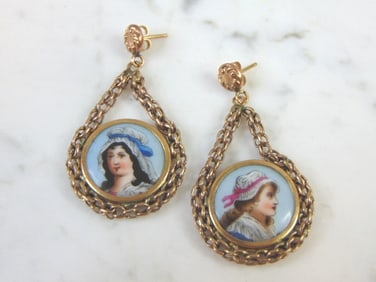 Vintage Estate 14K Gold Hand Painted Porcelain Earrings