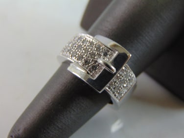 Womens Vintage 14K White Gold Diamond Buckle Ring