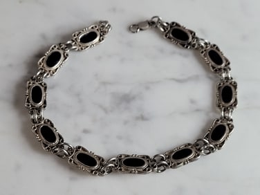 Womens Vintage Estate Sterling Silver Onyx Bracelet