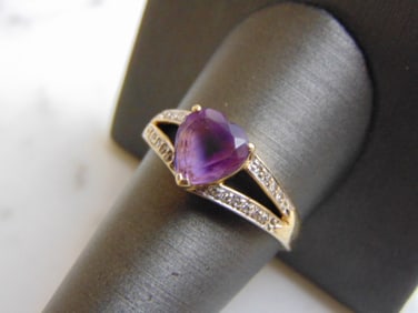 Womens Vintage 10k Gold Diamond Amethyst Heart Ring