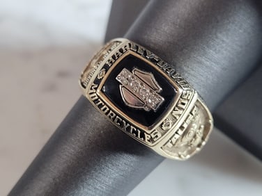 Womens Vintage Estate 10k Gold Harley Davidson Motorcycle Diamond Ring