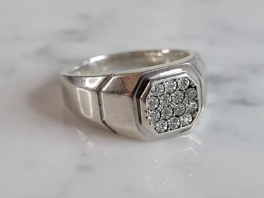 Mens Vintage Estate Sterling Silver Diamond Ring