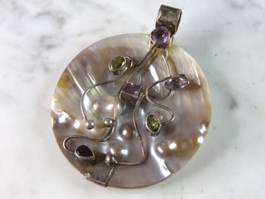 Womens Vintage Estate Sterling Silver Multi Stone MOP Pendant