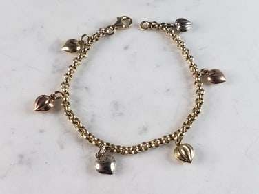 Womens Vintage Estate 14K Multi Tone Gold Heart Charm Bracelet