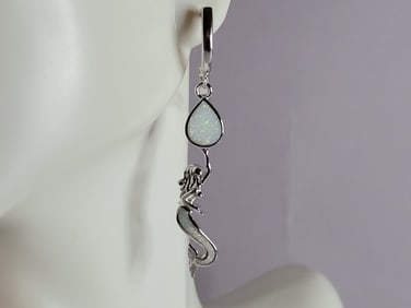Womens Sterling Silver Opal Mermaid Earrings