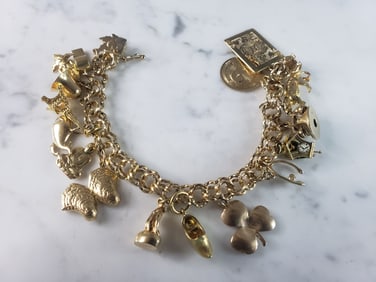Womens Vintage Estate 14k Yellow Gold 17 Charm Bracelet