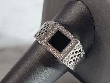 Mens Estate Sterling Silver Modernist Onyx Ring