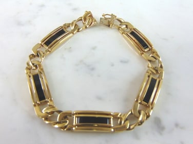 Mens Vintage Estate 14K Gold Onyx Chain Link Bracelet
