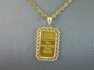 24K Yellow Gold Credit Suisse Gold Bar Pendant Necklace