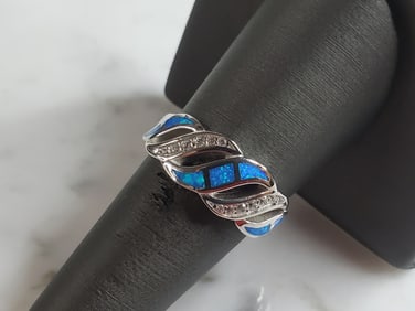 Womens Estate Sterling Silver Modernist Blue Opal & CZ Ring