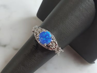 Womens Estate Sterling Silver Modernist Blue Opal Floral Ring