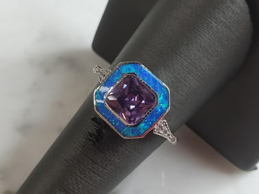 Womens Estate Sterling Silver Modernist Blue Opal & Amethyst Ring