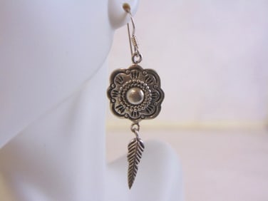 Womens Sterling Silver Flower & Feather Earrings