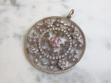 Womens Vintage Sterling Silver Flower CZ Stone Pendant