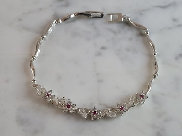 Womens Vintage Estate Sterling Silver Garnet CZ Bracelet