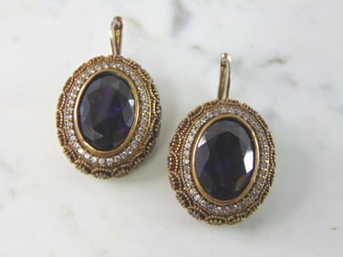 Womens Vintage Sterling Silver Amethyst Stone Earrings