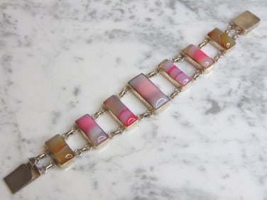 Womens Vintage Estate Sterling Silver Agate Bracelet