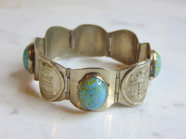 Vintage Sterling Silver Turquoise Mayan Aztec Bracelet