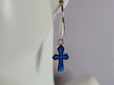Womens Estate Sterling Silver Blue Opal Religious Cross Earrings