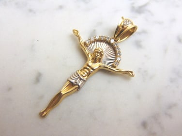 Vintage Estate 14K Gold & Diamond Jesus Cross Pendant