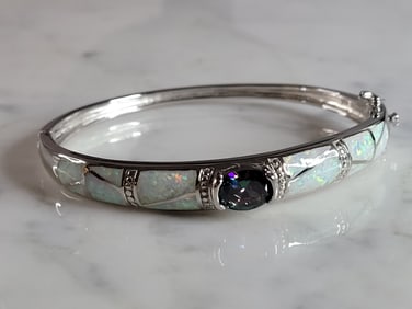 Womens Sterling Silver Modernist Opal Bangle Bracelet