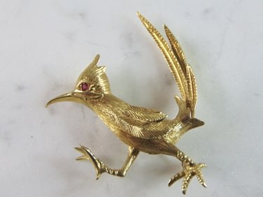 Womens Vintage Estate 18K Yellow Gold Bird Brooch