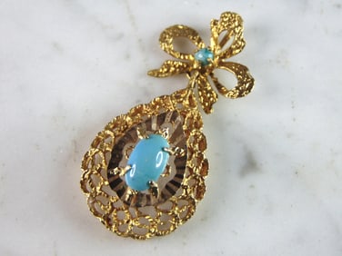 Womens Vintage Estate 21K Yellow Gold Turquoise Pendant