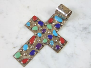Womens Sterling Silver Multi-Stone Cross Pendant