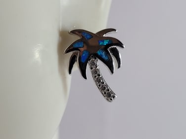 Womens Sterling Silver Modernist Blue Opal Palm Tree Earrings