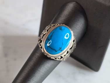 Mens Vintage Estate Sterling Silver Turquoise Modernist Ring