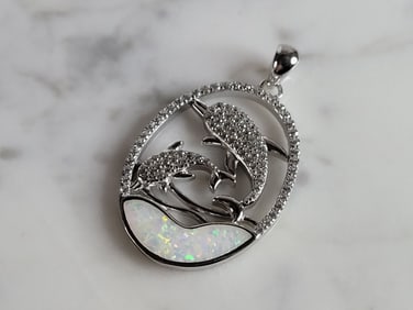 Womens Sterling Silver Opal Dolphin Pendant