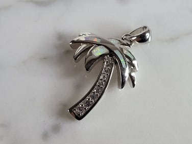 Womens Sterling Silver Opal Beach Palm Tree Pendant