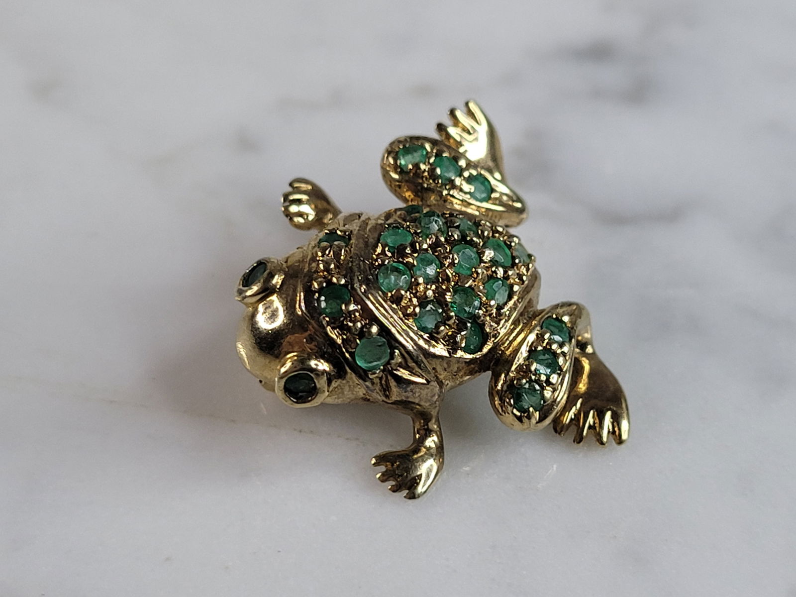 Womens Vintage Estate Gold Tone Sterling Silver Emerald Frog Brooch (1 of 5)