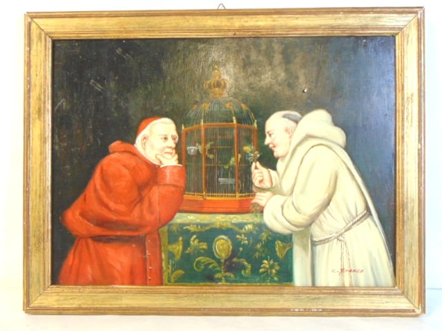 Catholic Pope & Priest Framed Oil Painting By C. Franco: FOR SALE IS THIS 18 3/8" BY 14" FRAMED OIL PAINTING BY C. FRANCO OF A CARDINAL OR POPE AND PRIEST. PAINTING HAS SOME BLEMISHES, BUYING AS IS. ANY QUESTIONS PLEASE DONT HESITATE TO ASK. BE SURE TO CHEC