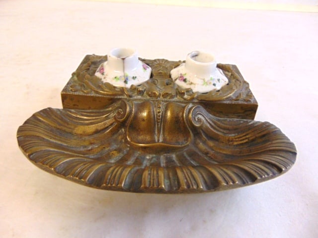 Antique Victorian Brass Ink Well w/ Porcelain Inserts (1 of 5)