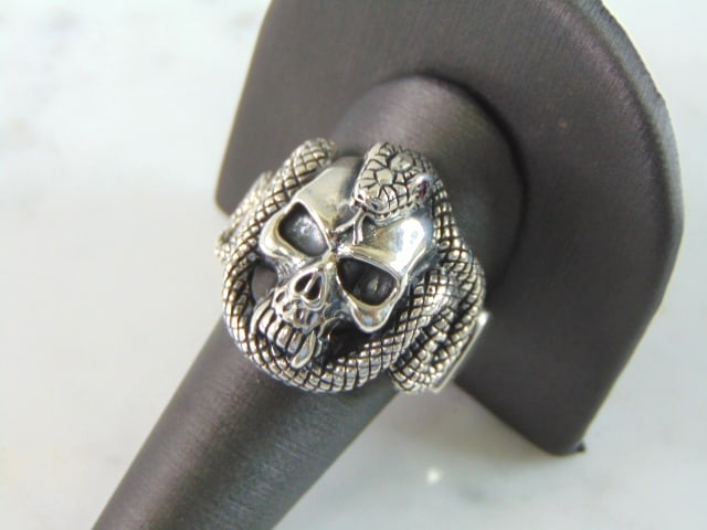 Mens Vintage Estate Sterling Silver Skull & Snake Ring (1 of 6)