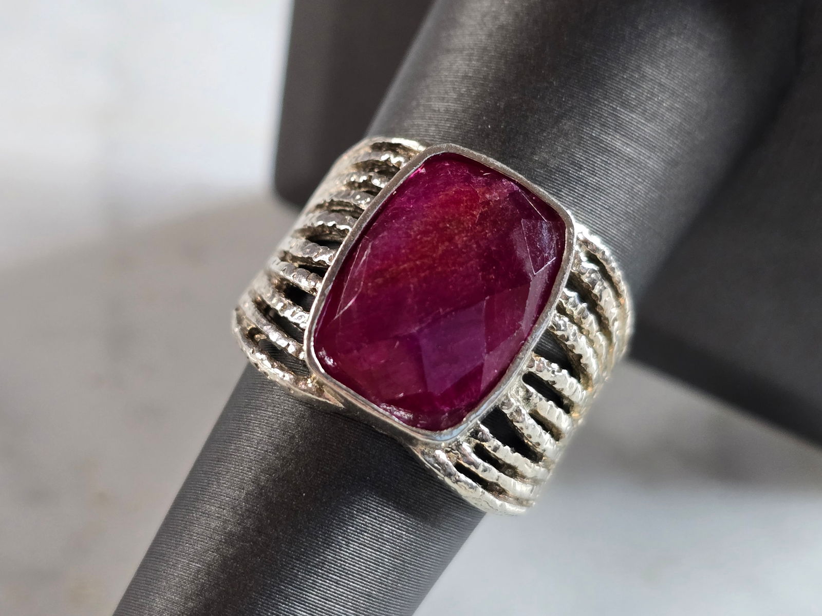 Womens Sterling Silver Natural Ruby Stone Modernist Ring (1 of 5)
