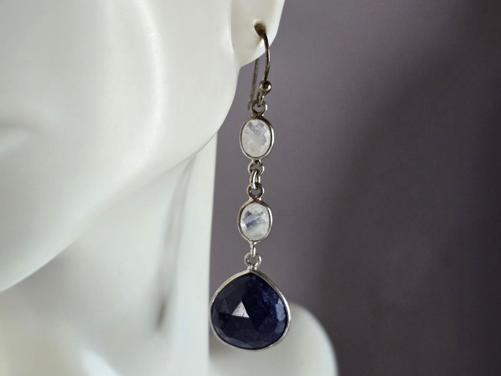 Womens Vintage Sterling Silver Natural Sapphire Moonstone Earrings (1 of 4)